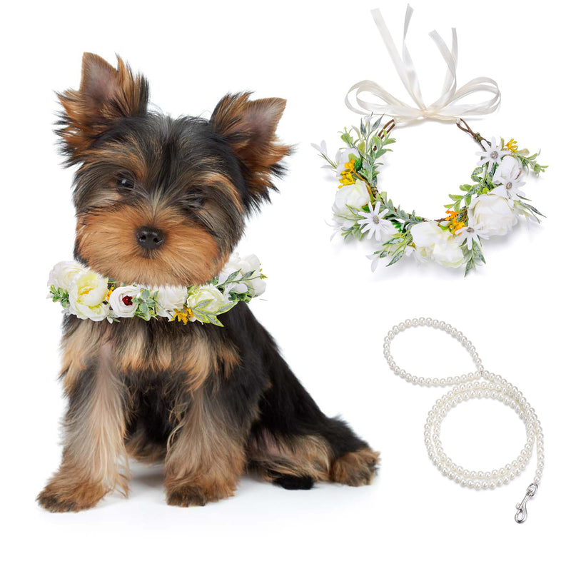 Mogoko 2 Pcs Dog Wedding Flower Collar and Pearls Beaded Leash Set Dog Flower Headband Floral Dog Collar Pearls Dog Leash Dog Wedding Dog Costumes Wreath Bow Dog Photo Prop (Small)