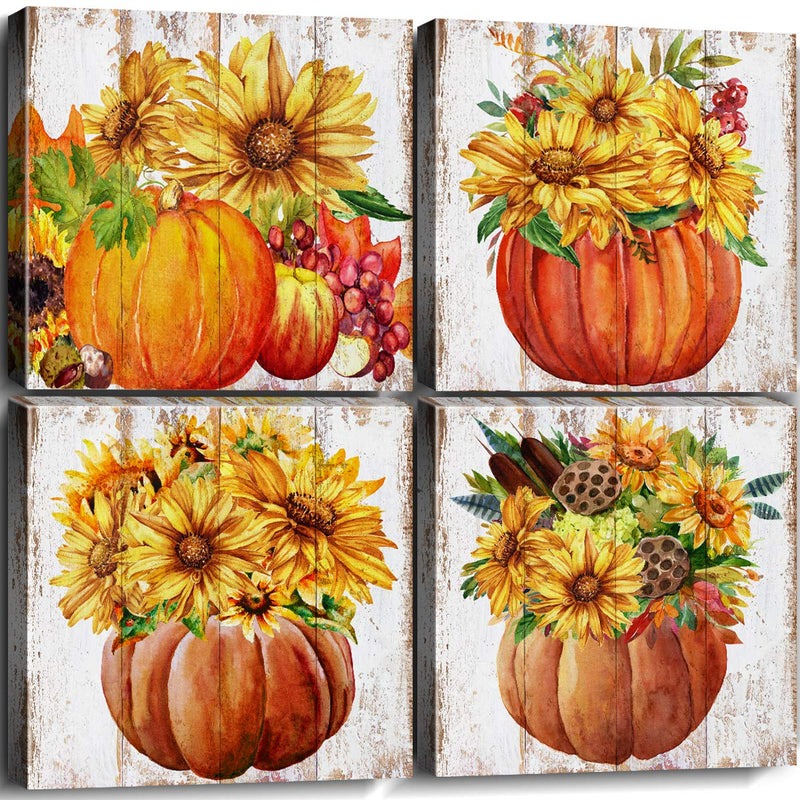 Fall Canvas Wall Art for Kitchen Living Room Farmhouse Sunflower Pumpkin Pictures Wall Decor Halloween Artwork Rustic Autumn Harvest Painting Prints Dining Room Thanksgiving Home Decorations 12x12