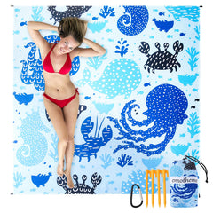 emotheme Beach Blanket Sandproof Beach Mat 79" X 82" for 4-7 Adults Large Waterproof Beach Blanket Quick Drying Lightweight Beach Blanket with 4 Stakes for Travel Camping Hiking (Octopus)